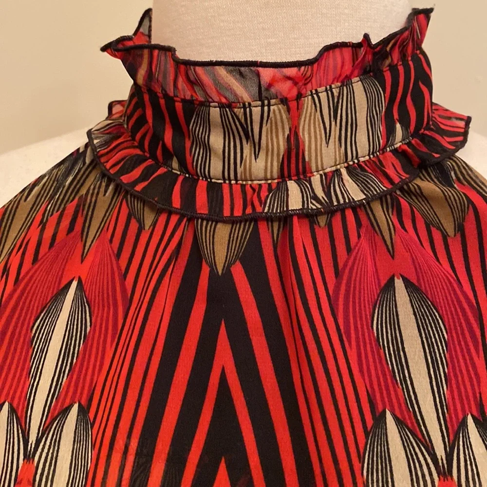 Adiva Black Red Tan Geometric SZ L High Neck Boho Chic Earthy Modern Halter Top - Picture 4 of 11